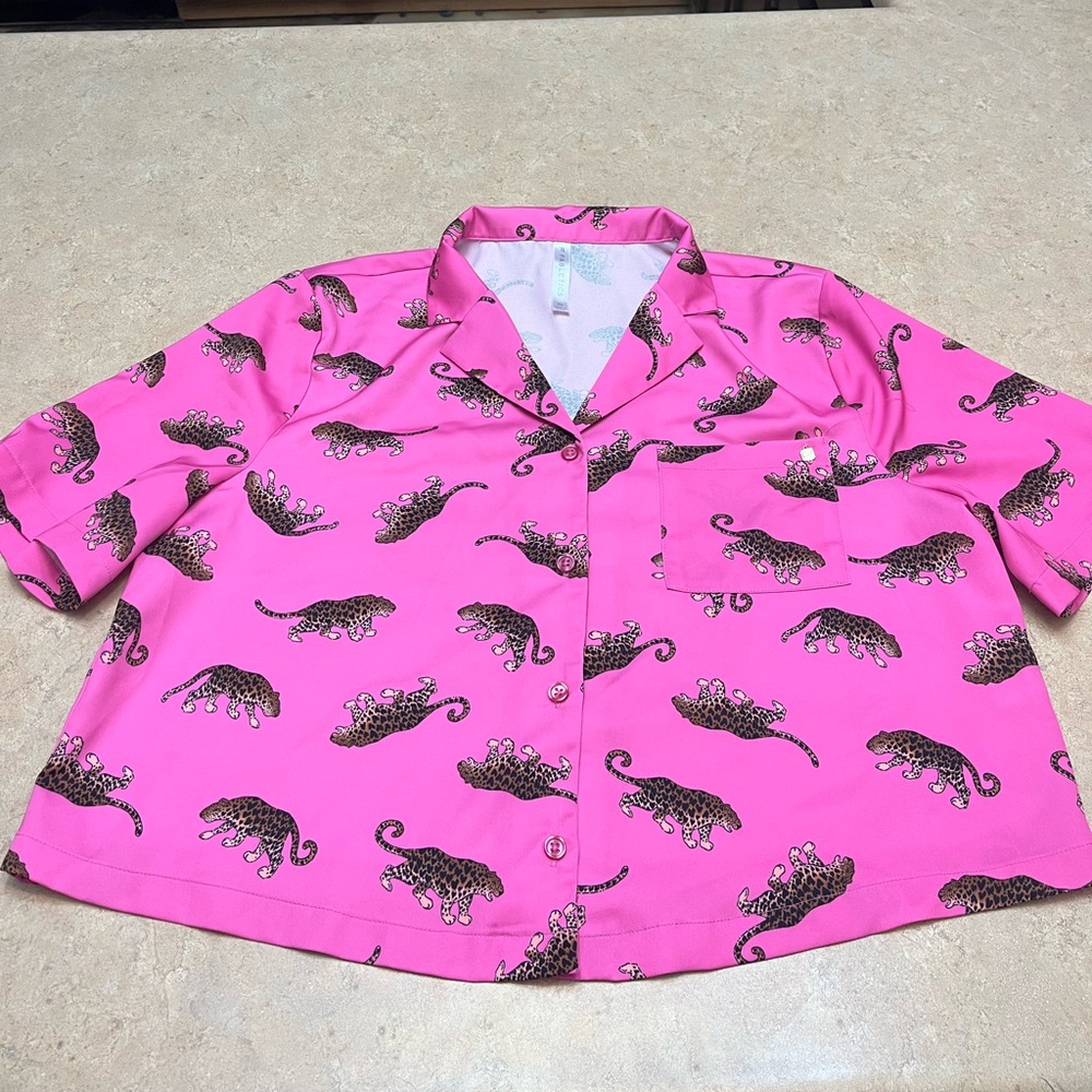 Fabletics satin pink leopard pajama top